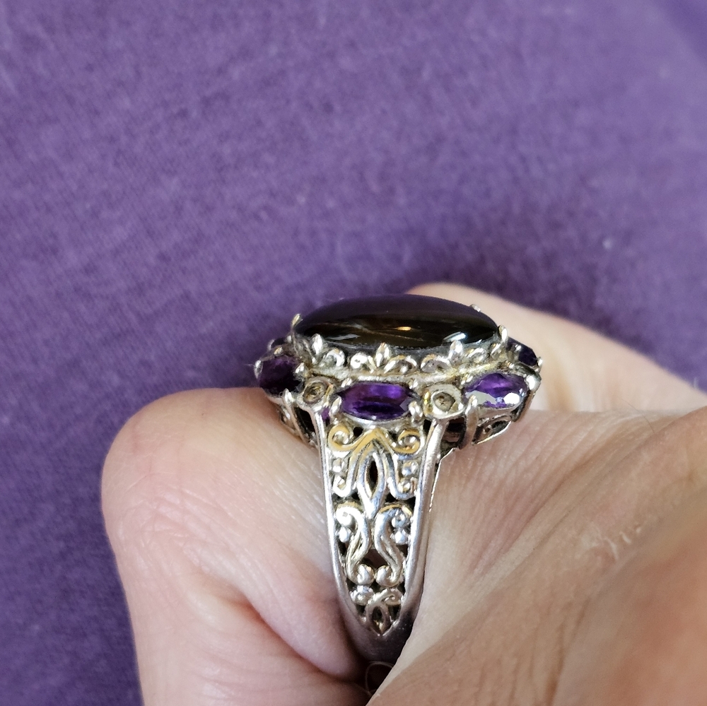 Vintage ✨️ Ammolite & Amethyst Ring in Palladium Sterling Silver Sz 6! - Picture 12 of 12